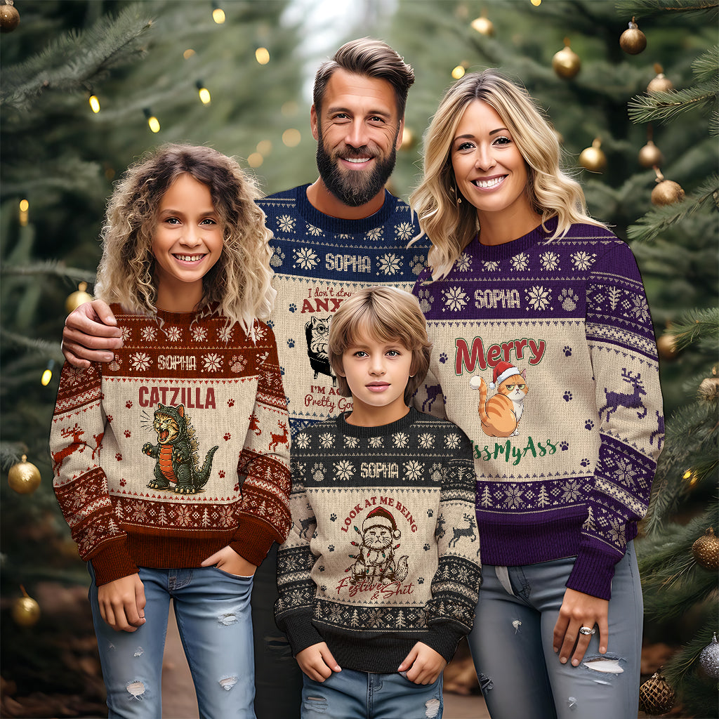 Noël avec un chat sarcastique - Pull moche personnalisé pour chat