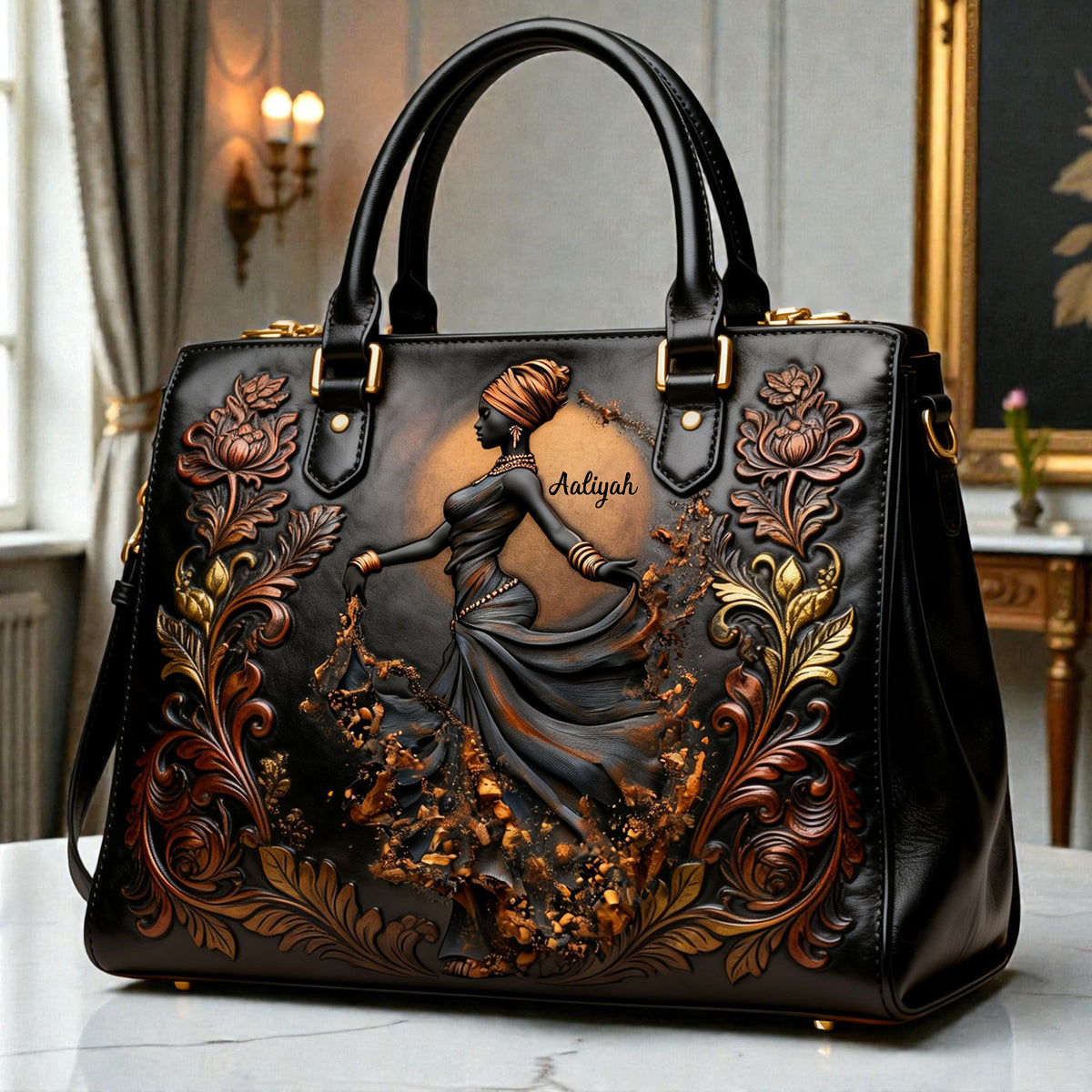 Magnifique femme noire - Sac à main et portefeuille long en cuir afro-américain personnalisés