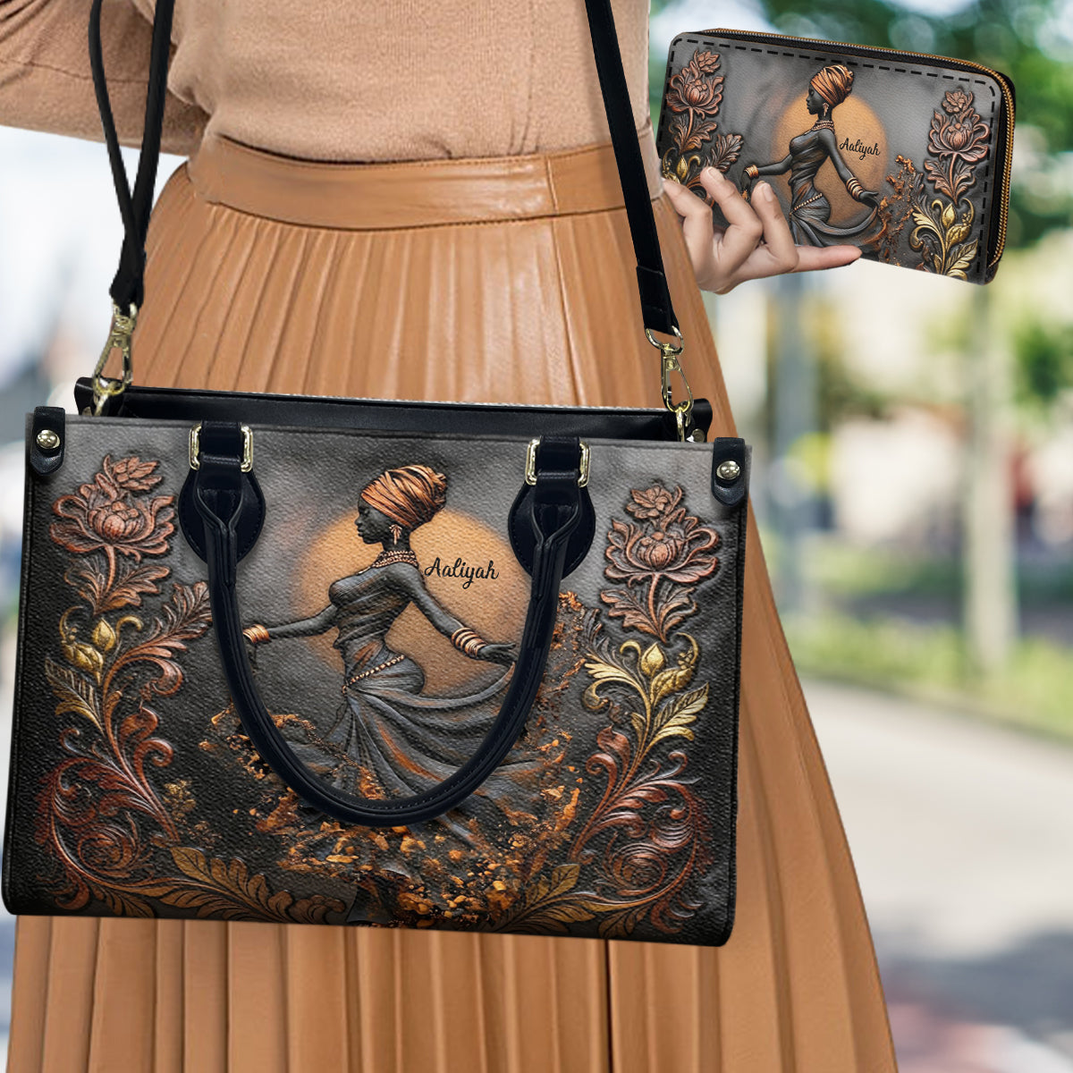 Magnifique femme noire - Sac à main et portefeuille long en cuir afro-américain personnalisés