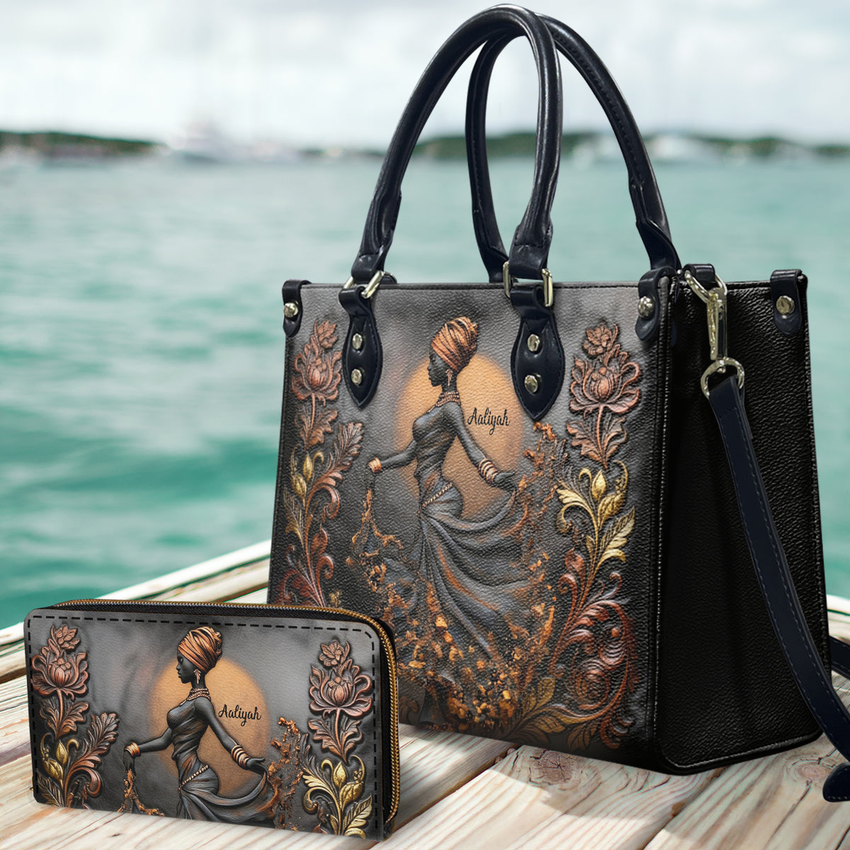 Magnifique femme noire - Sac à main et portefeuille long en cuir afro-américain personnalisés
