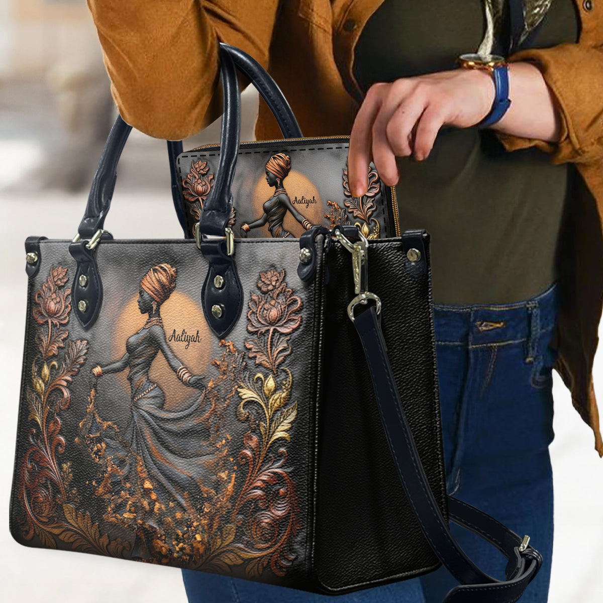 Magnifique femme noire - Sac à main et portefeuille long en cuir afro-américain personnalisés
