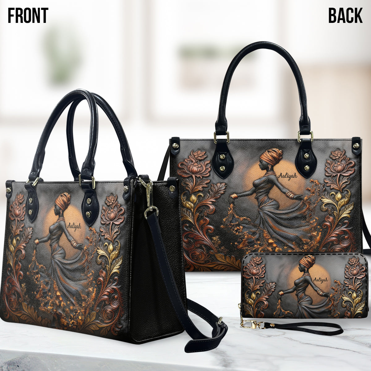 Magnifique femme noire - Sac à main et portefeuille long en cuir afro-américain personnalisés