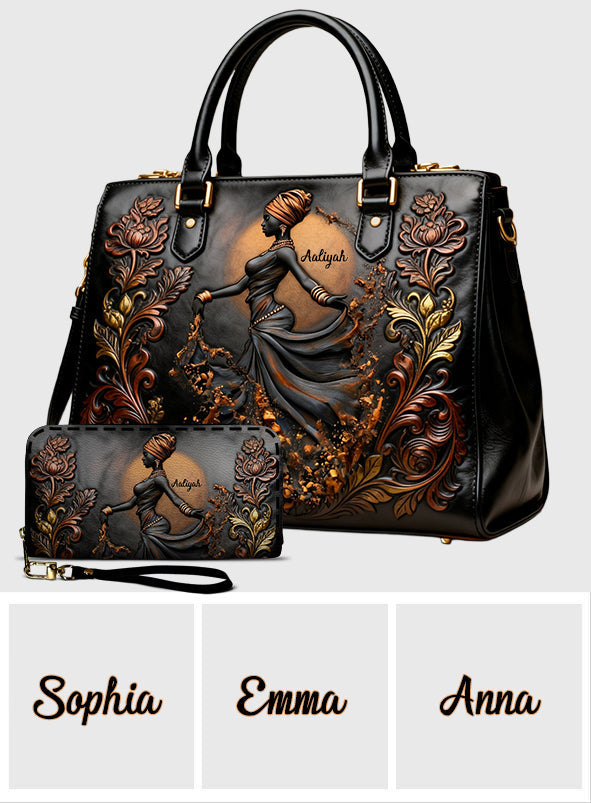 Magnifique femme noire - Sac à main et portefeuille long en cuir afro-américain personnalisés