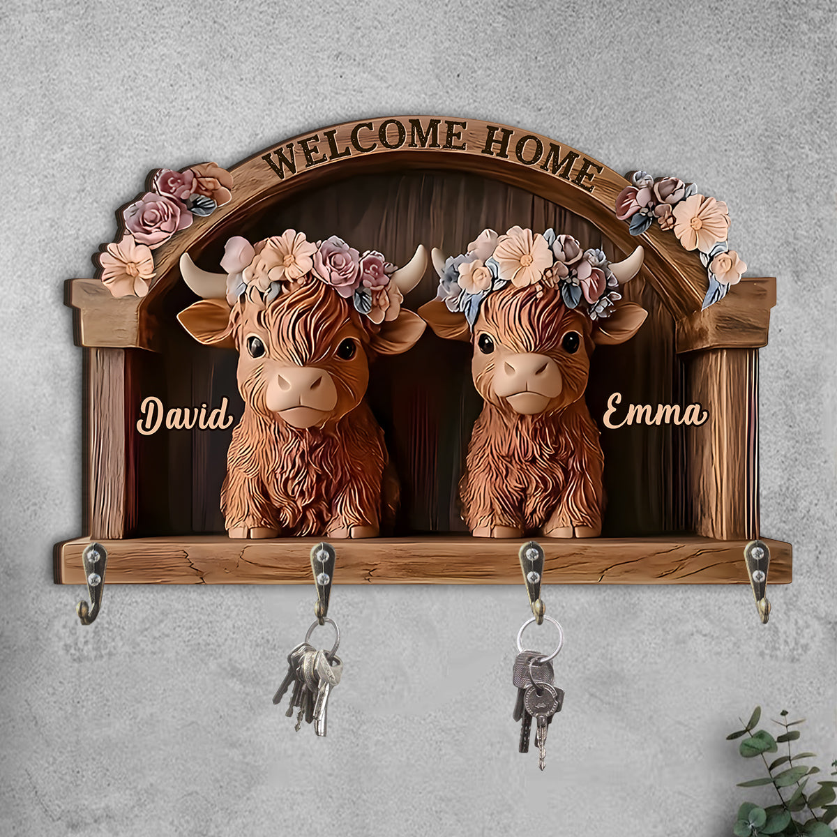 Bienvenue chez vous ! Porte-clés personnalisé en forme de vache des Highlands