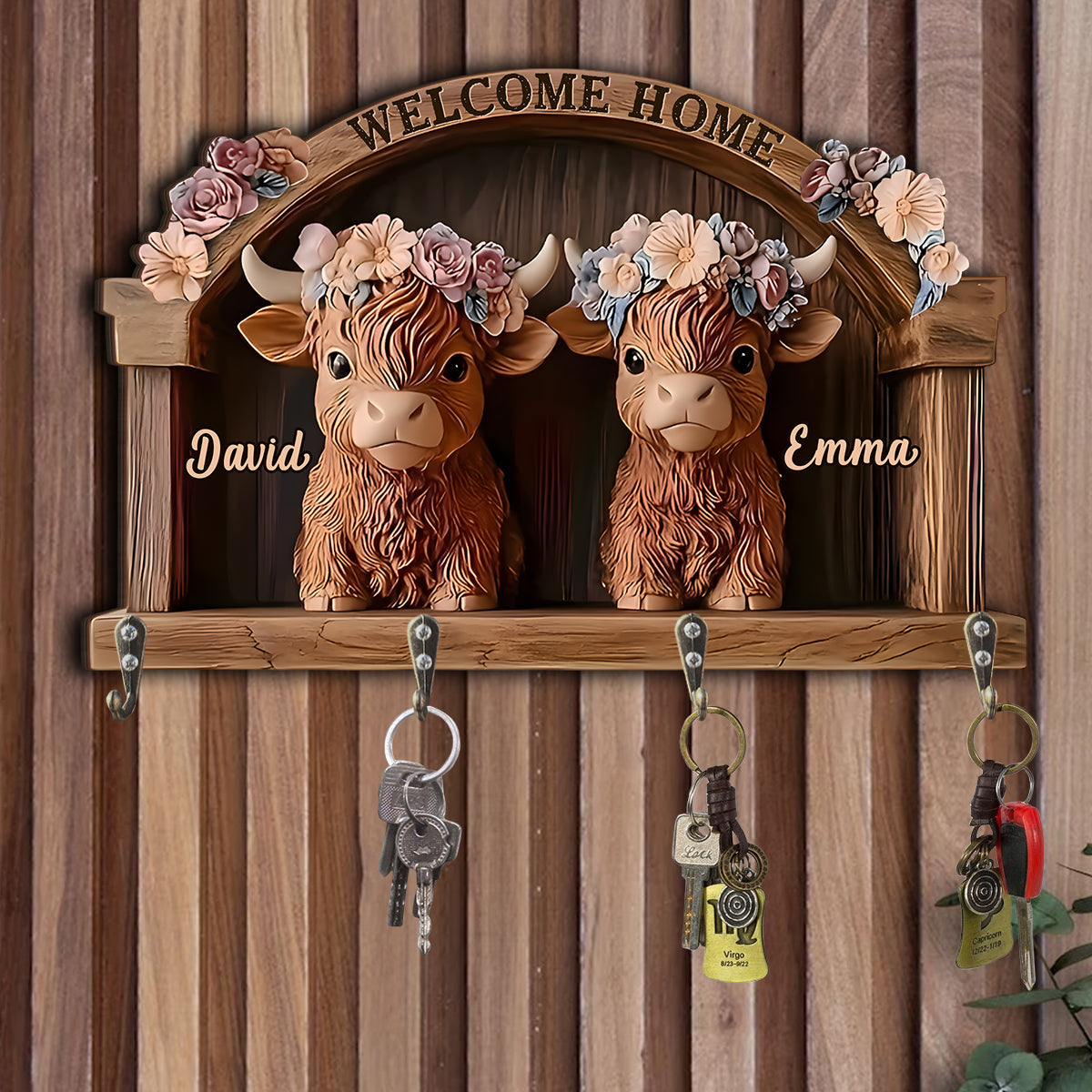 Bienvenue chez vous ! Porte-clés personnalisé en forme de vache des Highlands