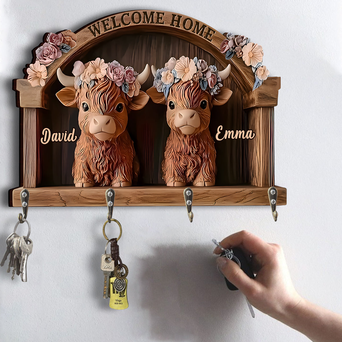 Bienvenue chez vous ! Porte-clés personnalisé en forme de vache des Highlands