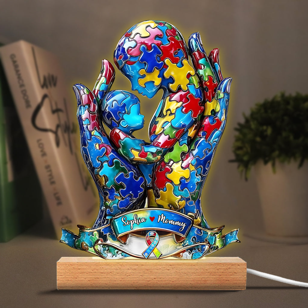 Maman et enfant - Plaque lumineuse personnalisée en forme de plaque de sensibilisation à l'autisme