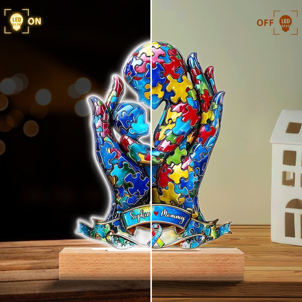 Maman et enfant - Plaque lumineuse personnalisée en forme de plaque de sensibilisation à l'autisme