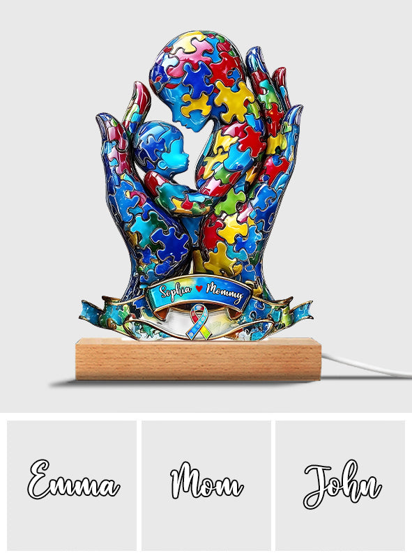 Maman et enfant - Plaque lumineuse personnalisée en forme de plaque de sensibilisation à l'autisme