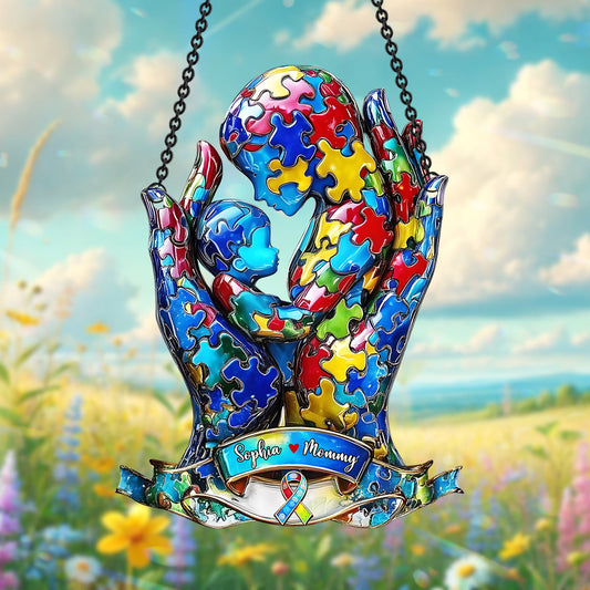 Maman et enfant - Décoration attrape-soleil personnalisée à suspendre à la fenêtre pour la sensibilisation à l'autisme 