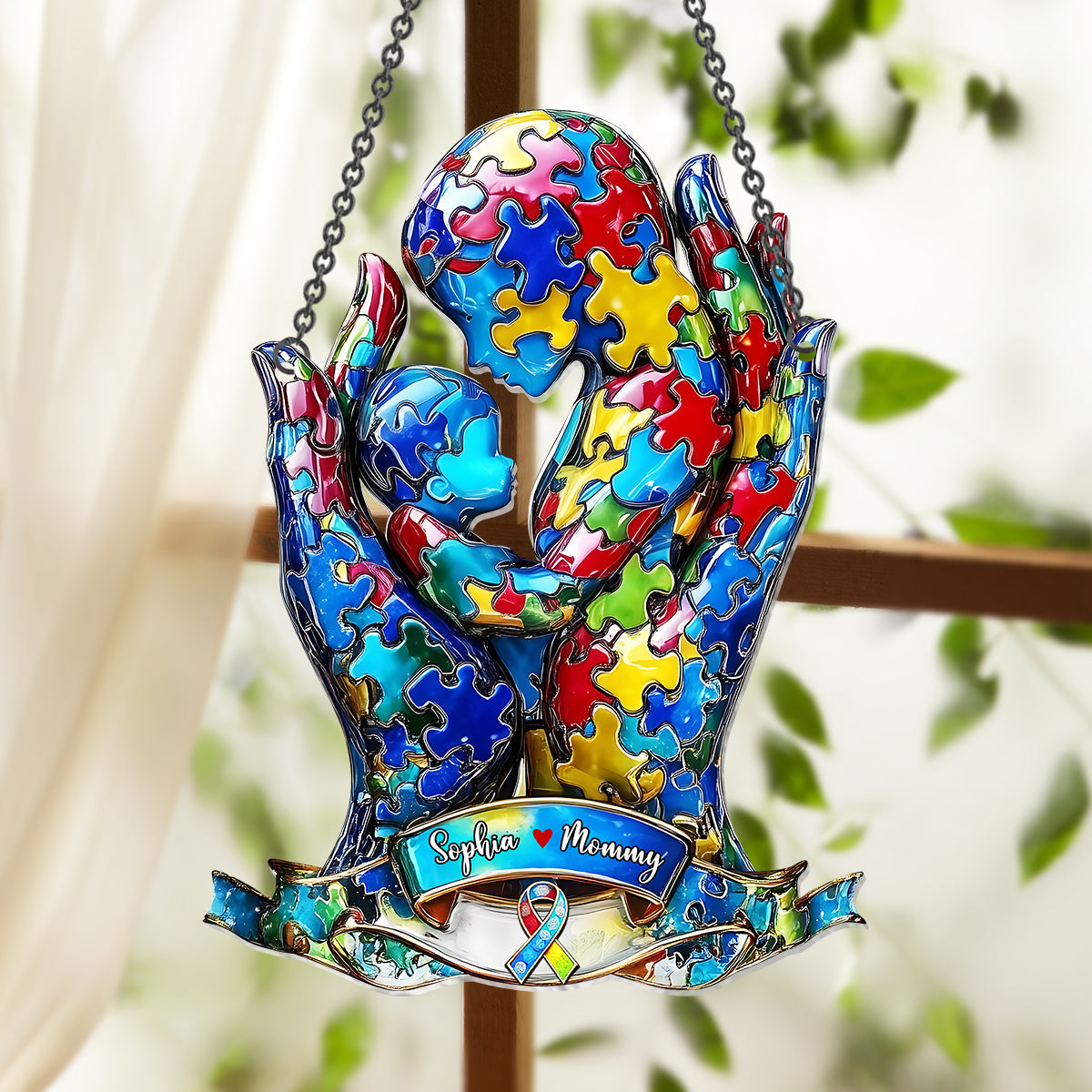 Mom And Kid - Personalized Autism Awareness Window Hanging Suncatcher Ornament