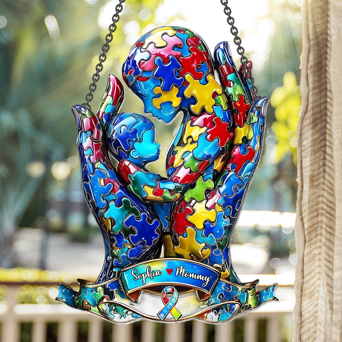 Mom And Kid - Personalized Autism Awareness Window Hanging Suncatcher Ornament