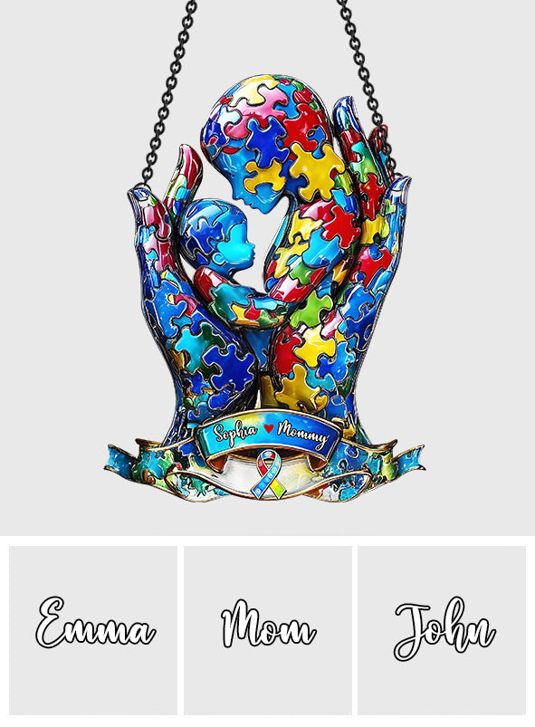 Mom And Kid - Personalized Autism Awareness Window Hanging Suncatcher Ornament