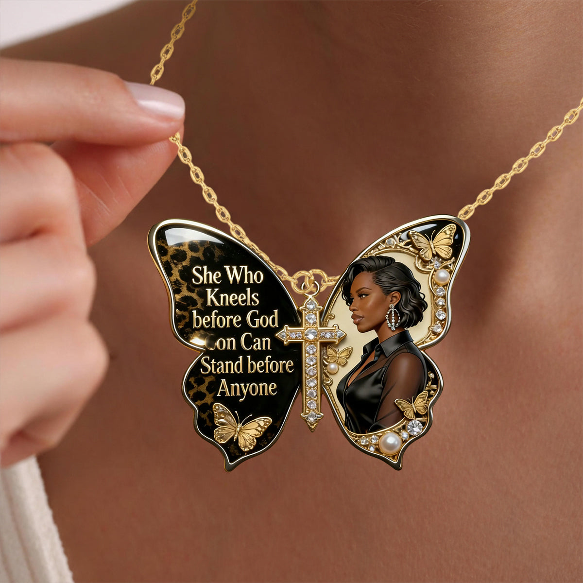 She Who Kneels Before God Can Stand Before Anyone - Personalized African American Shaped Metal Pendant Necklace
