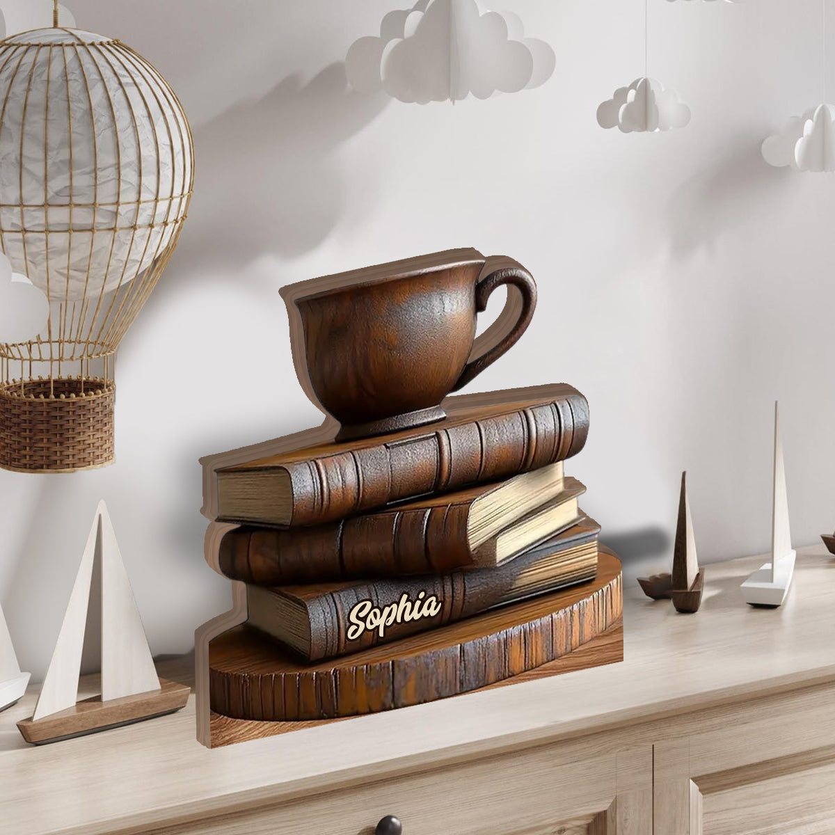 Décoration en bois en forme de livre et de tasse à café - Plaque en bois personnalisée en forme de livre