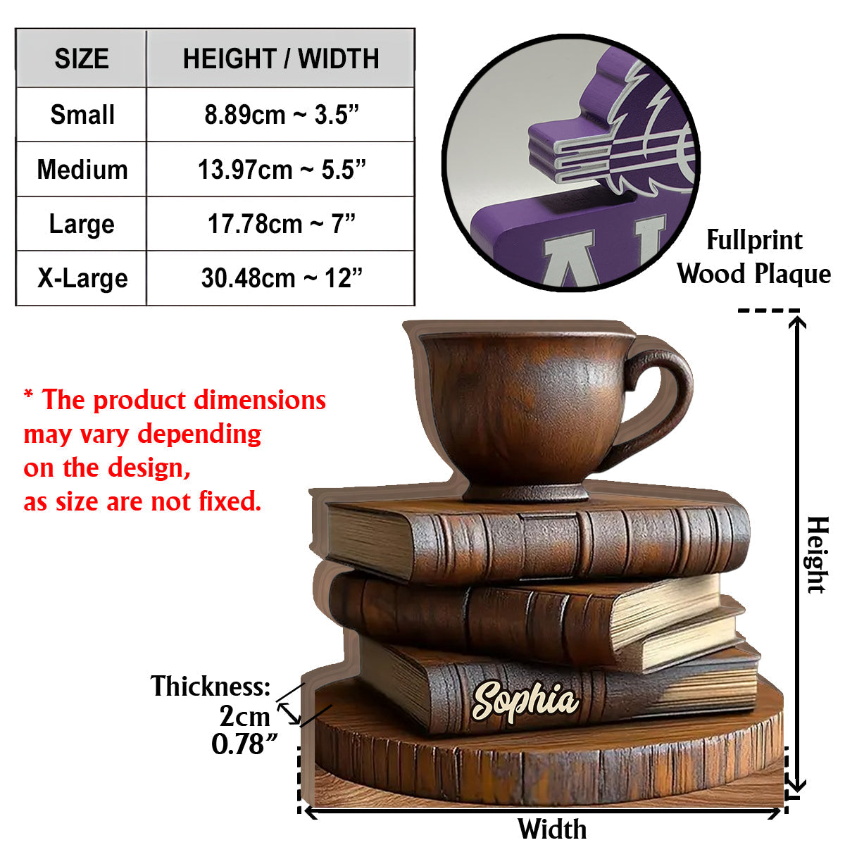 Décoration en bois en forme de livre et de tasse à café - Plaque en bois personnalisée en forme de livre