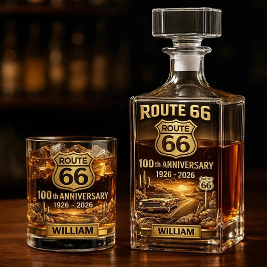Coffret carafe à whisky personnalisée pour les passionnés de voitures, commémorant le 100e anniversaire de la Route 66