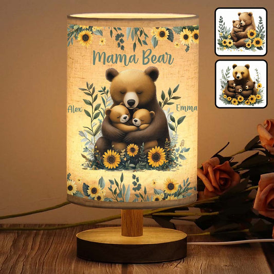 Lampe de table personnalisée « Maman Ours » avec socle en bois