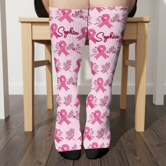Ruban rose – Sensibilisation au cancer du sein – Chaussettes personnalisées de sensibilisation au cancer du sein