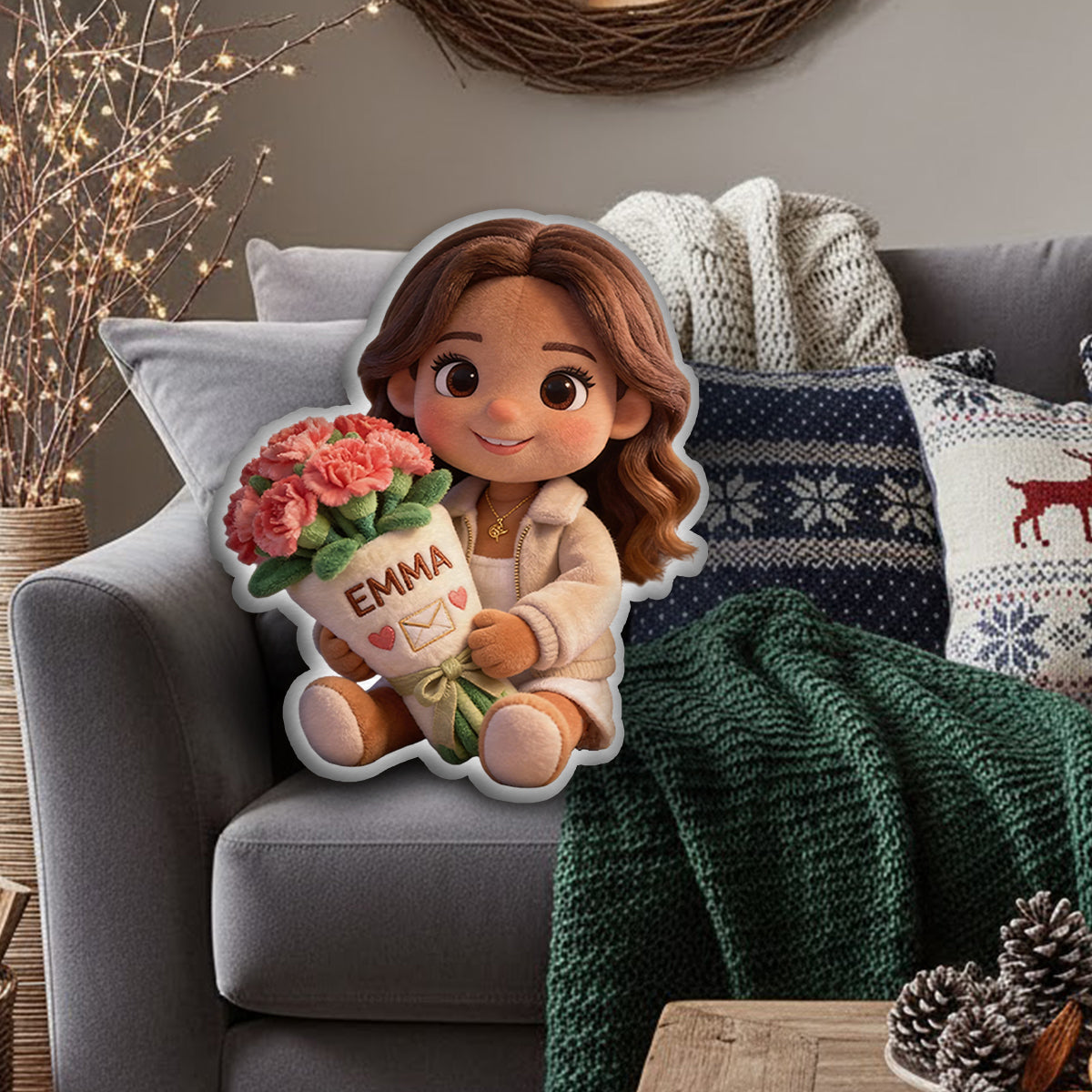 Custom Any Photo Birthmonth Flower - Personalized Self Love Faux Fur Shaped Pillow