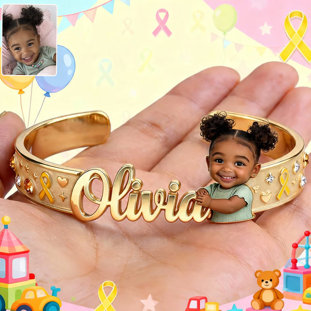 Childhood Cancer Awareness Cuff Bracelet With Photo - Personalized Childhood Cancer Awareness Shaped Cuff Bracelet