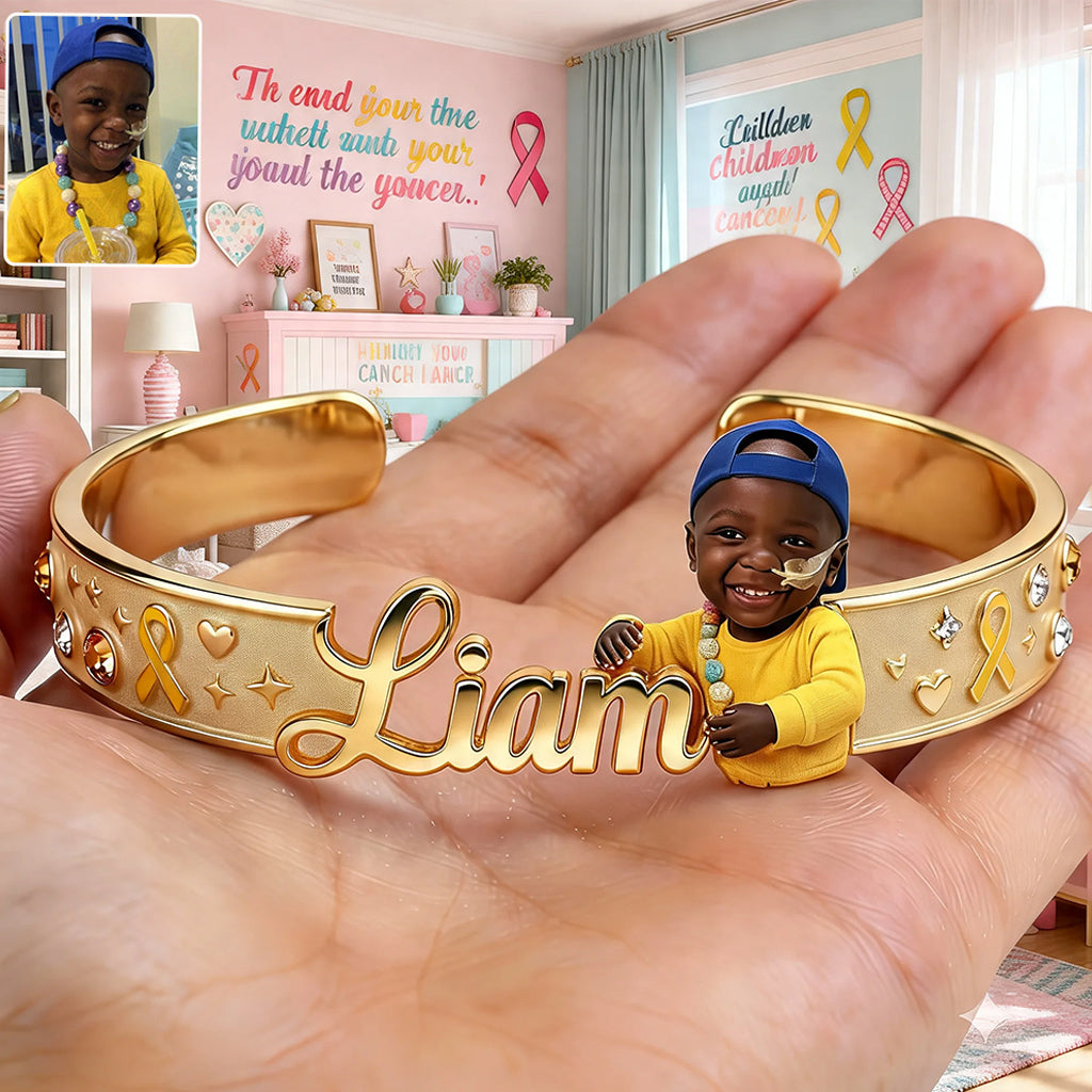 Childhood Cancer Awareness Cuff Bracelet With Photo - Personalized Childhood Cancer Awareness Shaped Cuff Bracelet