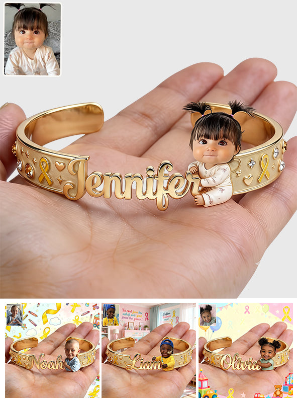 Childhood Cancer Awareness Cuff Bracelet With Photo - Personalized Childhood Cancer Awareness Shaped Cuff Bracelet
