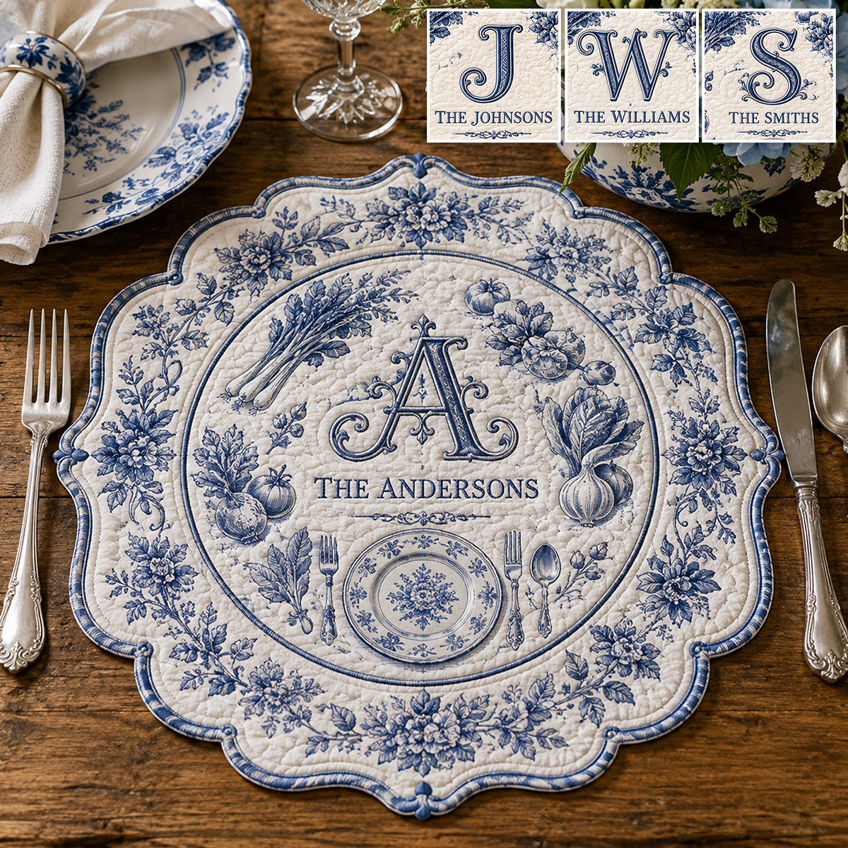 Inital Family Gift Toile De Jouy Pattern - Personalized Family Custom Shape Placemat