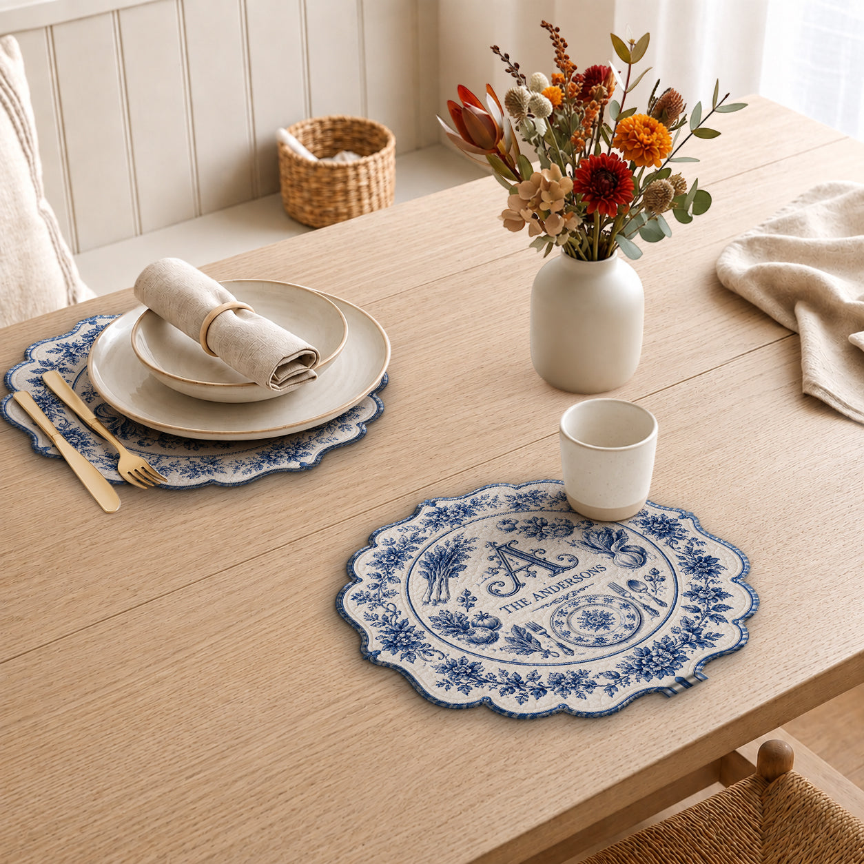 Inital Family Gift Toile De Jouy Pattern - Personalized Family Custom Shape Placemat