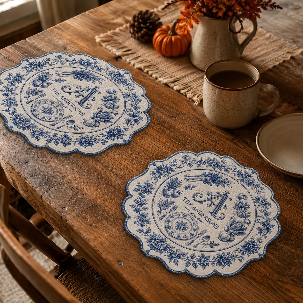 Inital Family Gift Toile De Jouy Pattern - Personalized Family Custom Shape Placemat