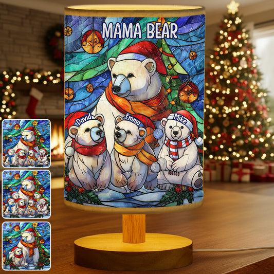 Lampe de table personnalisée « Maman Ours » avec socle en bois
