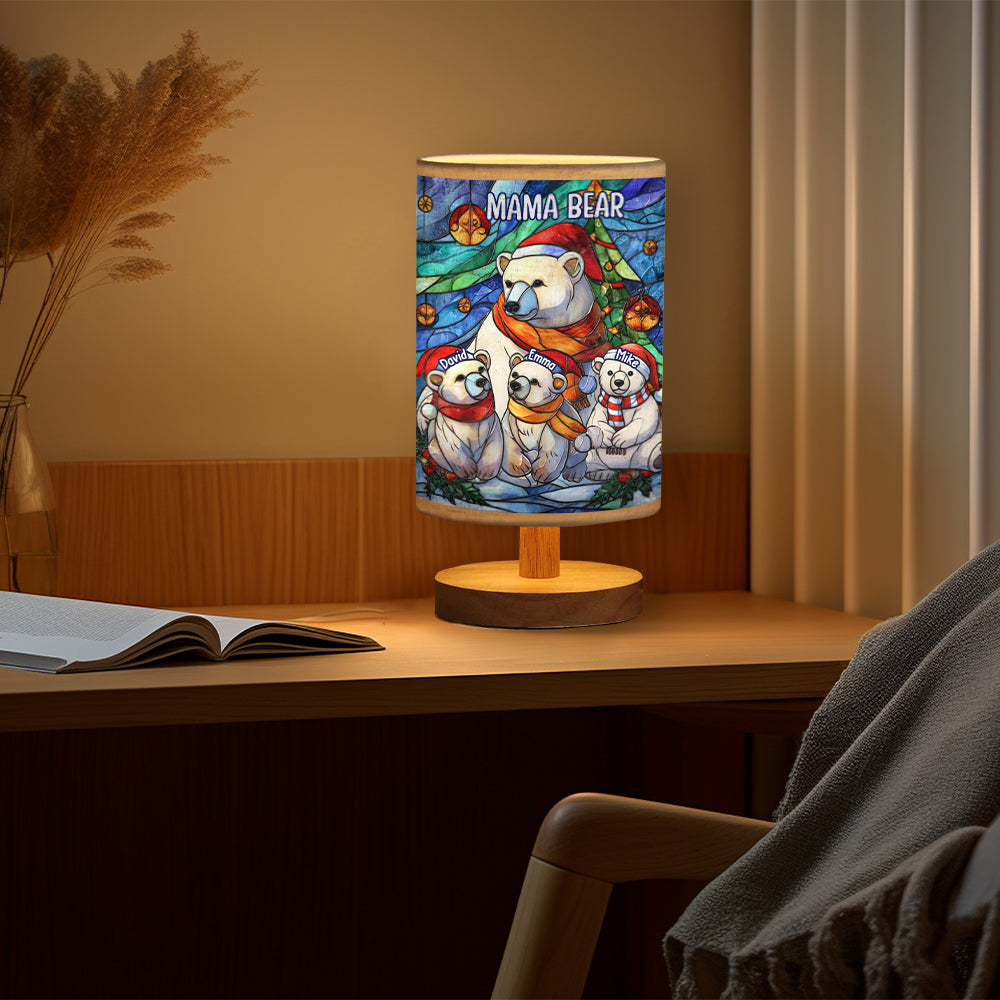 Lampe de table personnalisée « Maman Ours » avec socle en bois