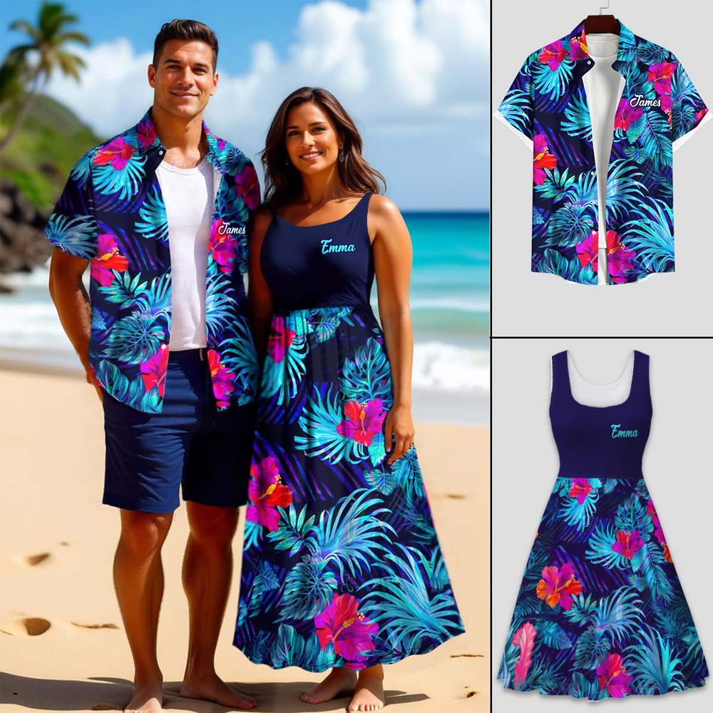 Tenue de plage hawaïenne assortie pour couples, motif fleurs d'hibiscus et feuilles tropicales - Chemise hawaïenne et robe sans manches personnalisées