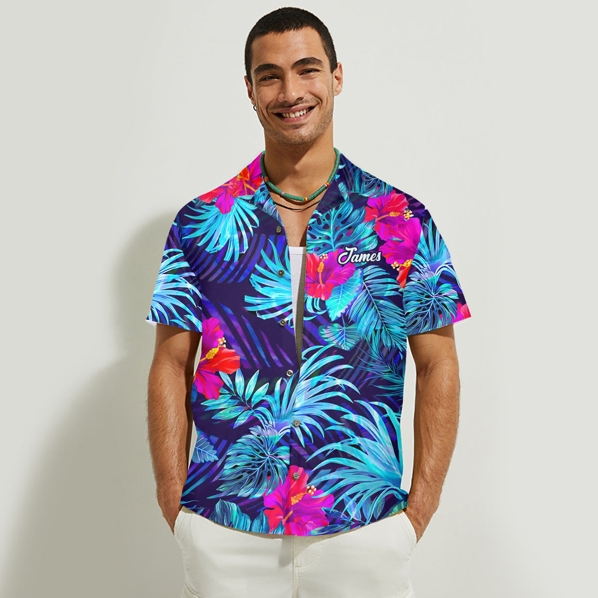 Tenue de plage hawaïenne assortie pour couples, motif fleurs d'hibiscus et feuilles tropicales - Chemise hawaïenne et robe sans manches personnalisées