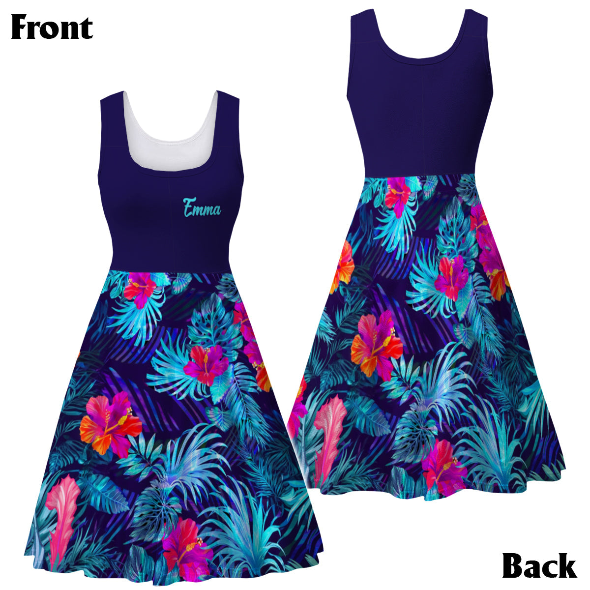 Tenue de plage hawaïenne assortie pour couples, motif fleurs d'hibiscus et feuilles tropicales - Chemise hawaïenne et robe sans manches personnalisées