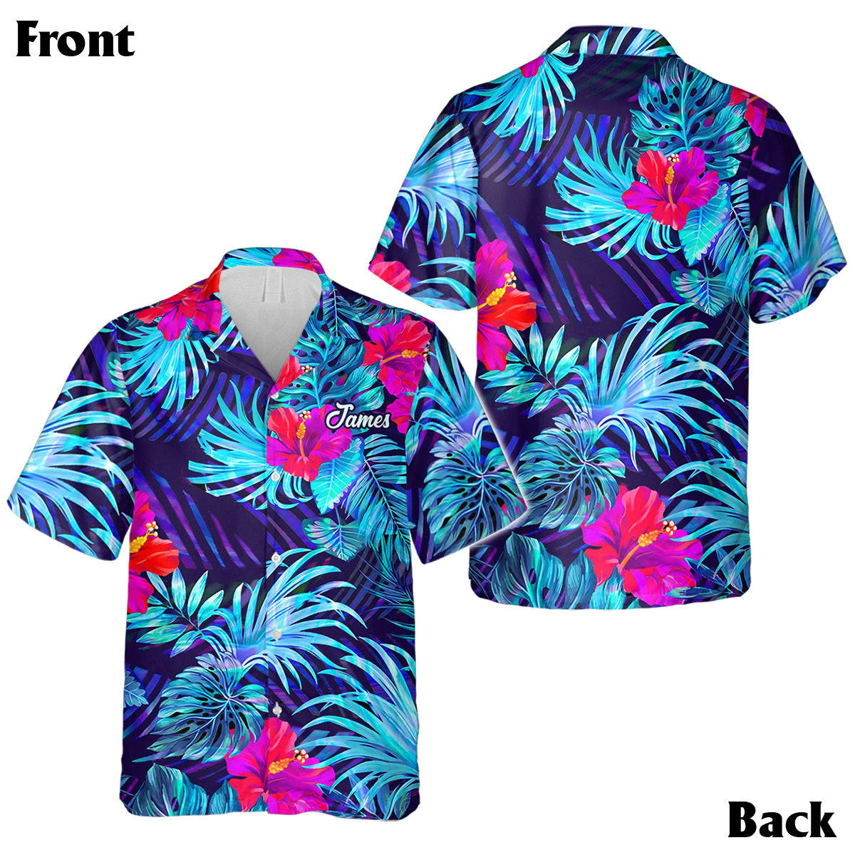 Tenue de plage hawaïenne assortie pour couples, motif fleurs d'hibiscus et feuilles tropicales - Chemise hawaïenne et robe sans manches personnalisées