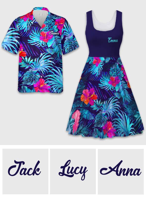 Tenue de plage hawaïenne assortie pour couples, motif fleurs d'hibiscus et feuilles tropicales - Chemise hawaïenne et robe sans manches personnalisées