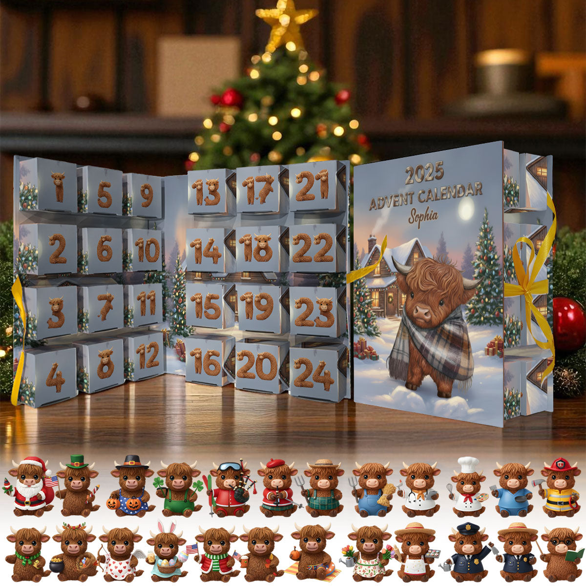 Calendrier de l'Avent personnalisé « Vache des Highlands en hiver » avec décorations