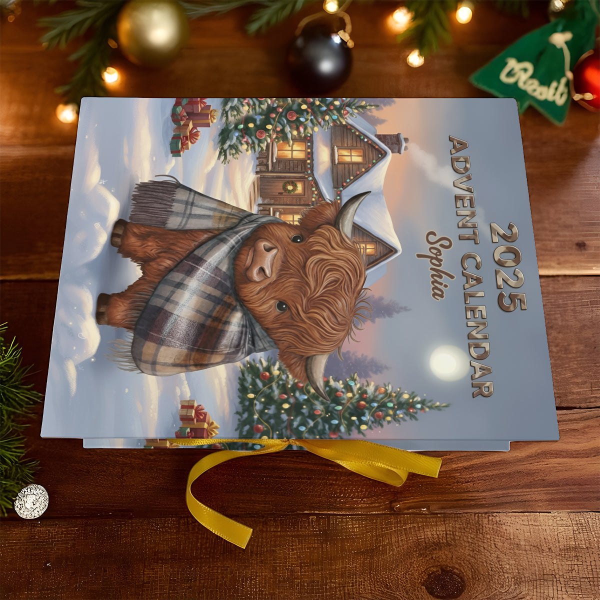 Calendrier de l'Avent personnalisé « Vache des Highlands en hiver » avec décorations
