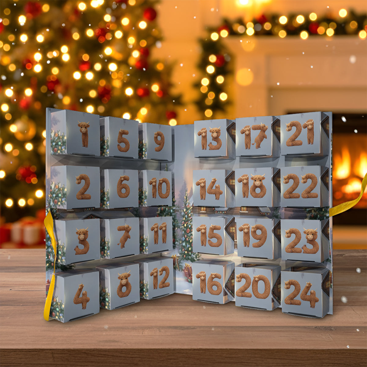 Calendrier de l'Avent personnalisé « Vache des Highlands en hiver » avec décorations