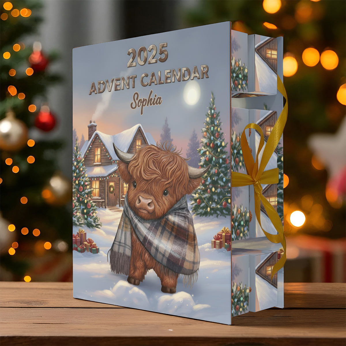Calendrier de l'Avent personnalisé « Vache des Highlands en hiver » avec décorations