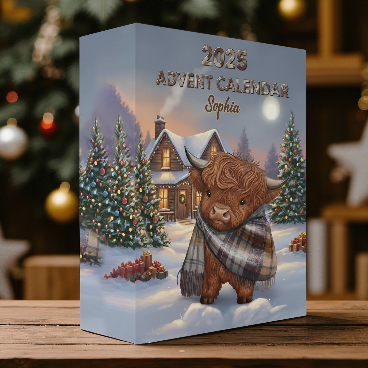 Calendrier de l'Avent personnalisé « Vache des Highlands en hiver » avec décorations