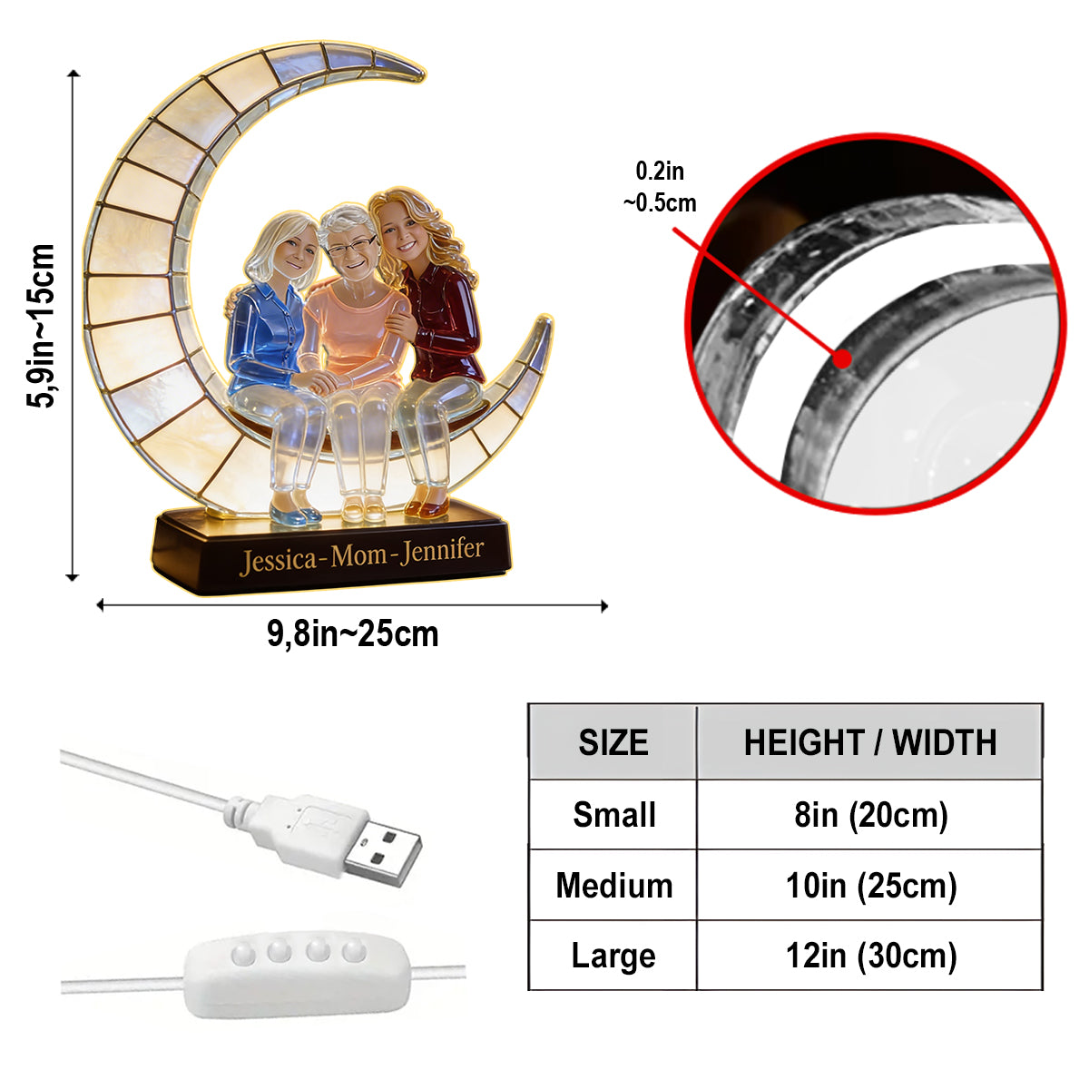 Lampe en forme de croissant de lune - Je t'aime - Veilleuse LED personnalisée en acrylique pour maman