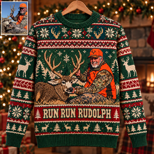 Run Run Rudolph Custom Photo - Personalized Hunting Ugly Sweater