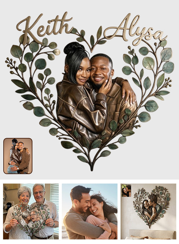 Eucalyptus Heart Metal Wall Art - Personalized Couple 3D Printed Cut Metal Sign