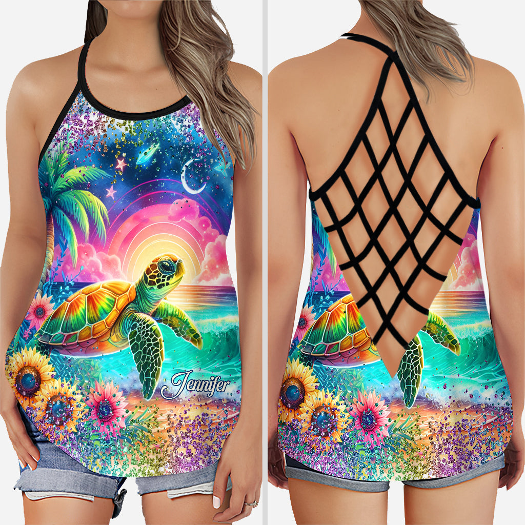 Sea Turtle Sunflower - Personalized Turtle Cross Tank Top and Leggings