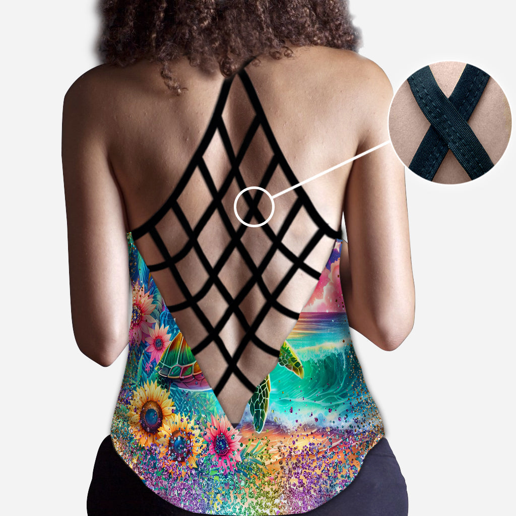 Sea Turtle Sunflower - Personalized Turtle Cross Tank Top and Leggings