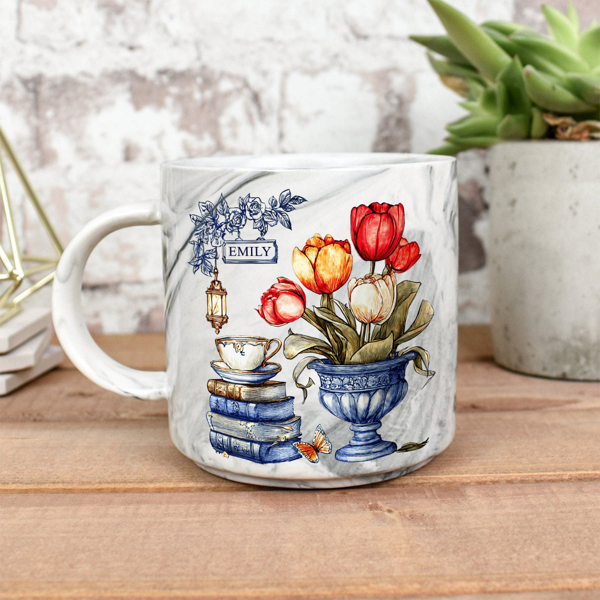 Tulipes nostalgiques, livres et thé - Mug marbré personnalisé avec livre