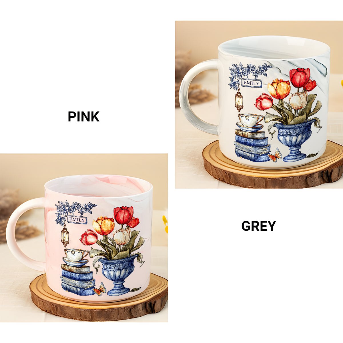 Tulipes nostalgiques, livres et thé - Mug marbré personnalisé avec livre