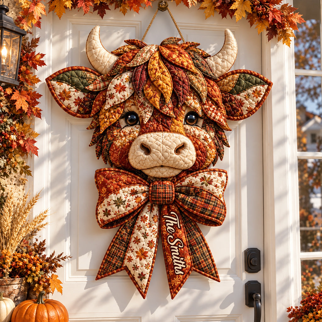 Vache des Highlands Saison Automne - Panneau de Porte Matelassé Personnalisé